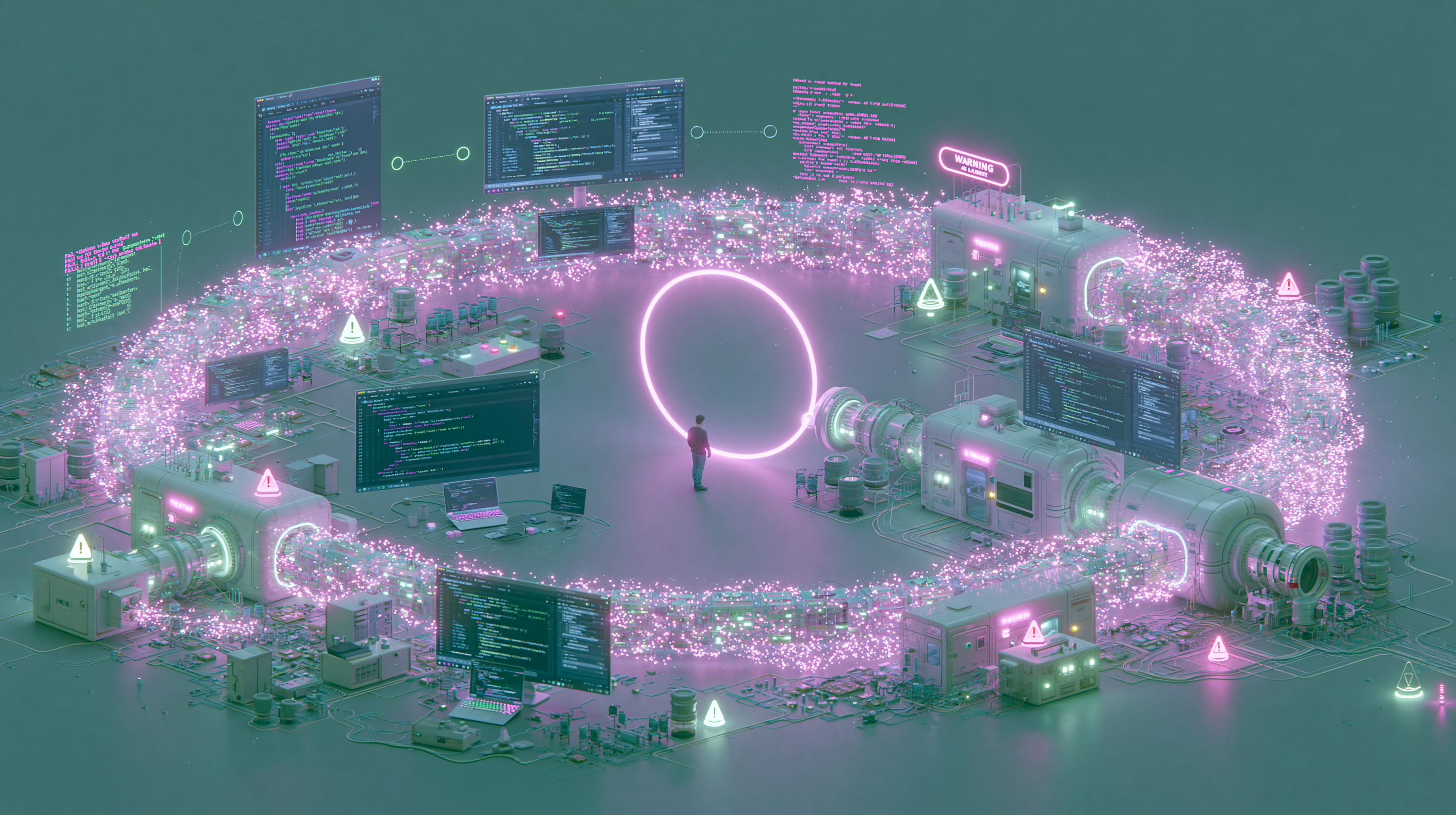 Illustration of a broken infinite loop of tangled AI-generated code, with a clean deterministic path leading to a stable, verified release