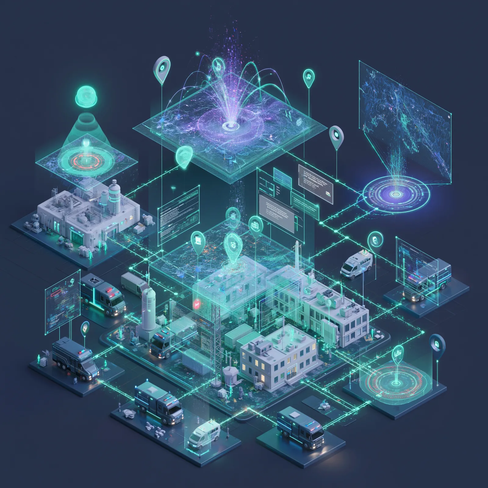 Futuristic isometric emergency response & 911 testing illustration